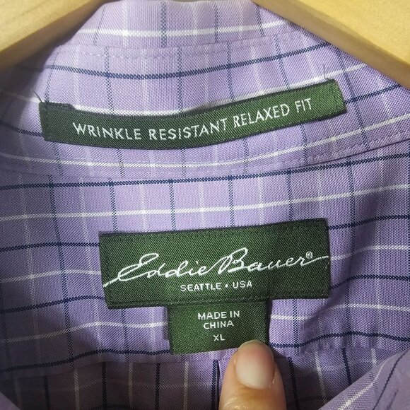 Eddie Bauer Mens Plaid Purple Button Down Shirt Sz XL Wrinkle Resistant Relaxed - Picture 7 of 8